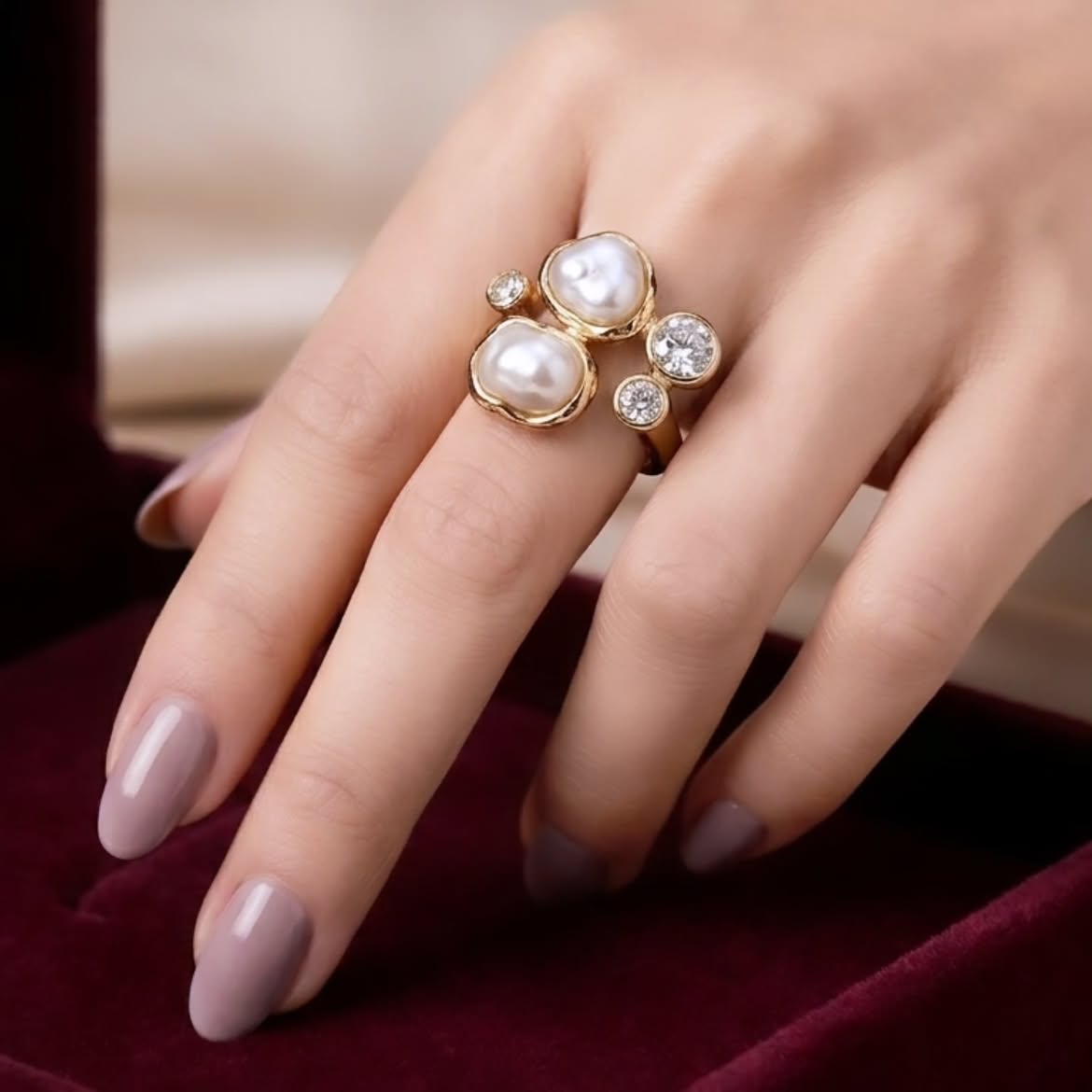 Luxury Baroque Pearl Adjustable Gold Ring for Women