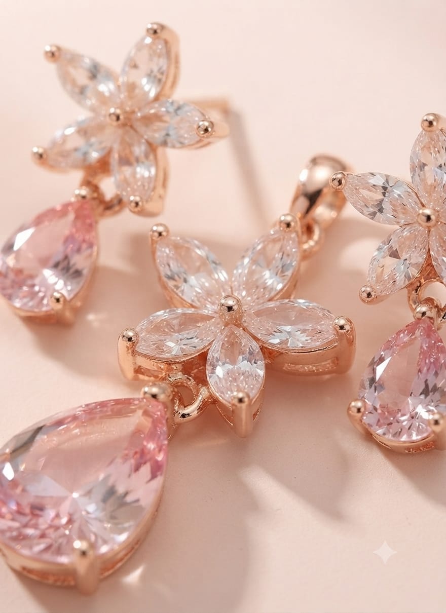 Elegant Pink Crystal Flower Pendant Necklace & Earrings Set – Rose Gold