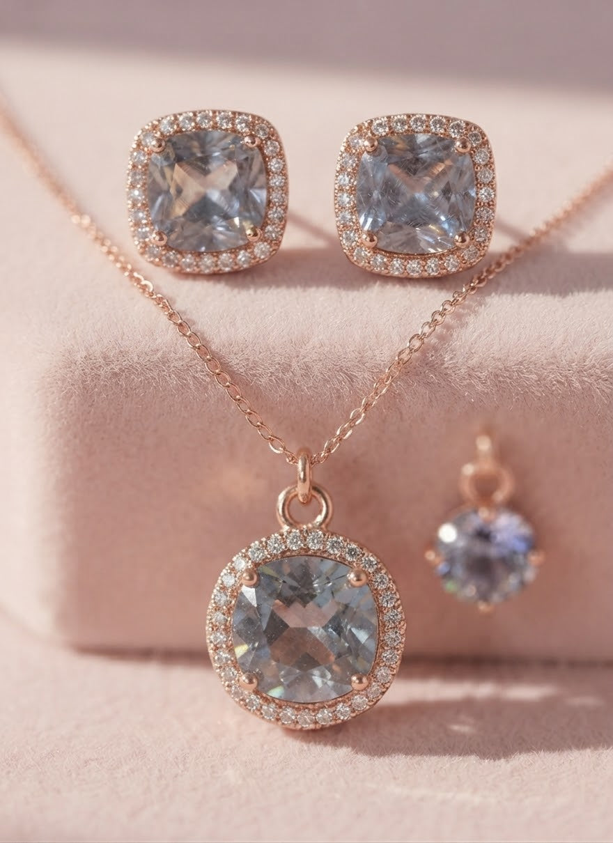 Luxury Double Layer Crystal Pendant Necklace & Stud Earrings Set – Rose Gold