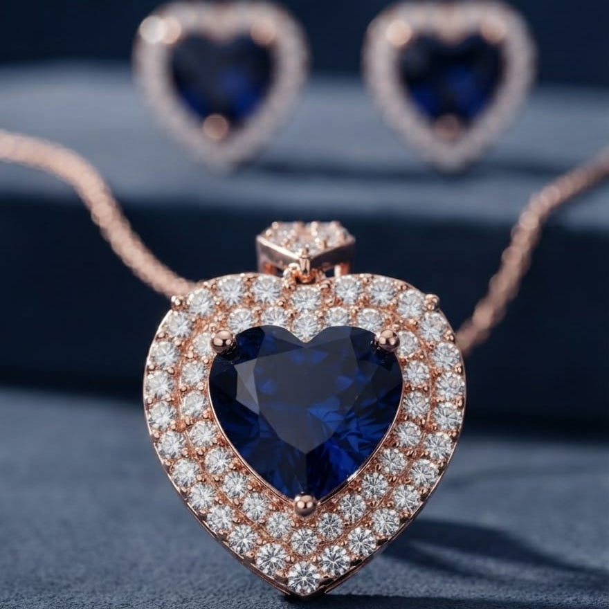 Royal Blue Heart Crystal Pendant Necklace & Stud Earrings Set – Rose Gold