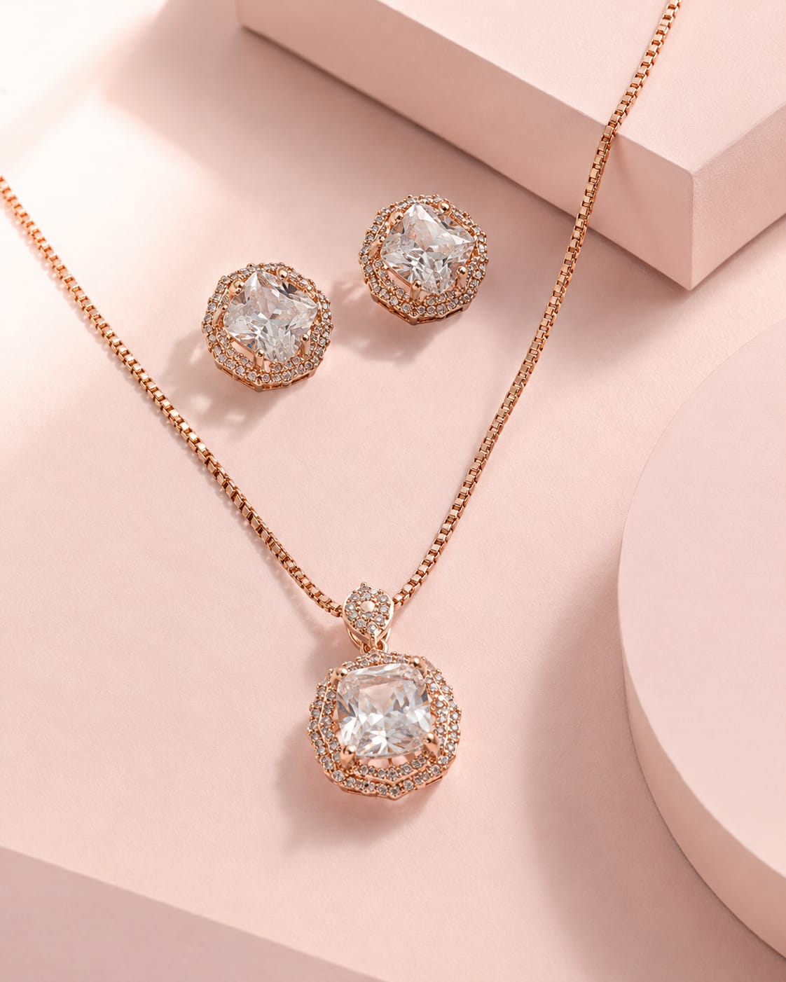 Luxury Crystal Pendant Necklace, Earrings & Ring Set – Rose Gold
