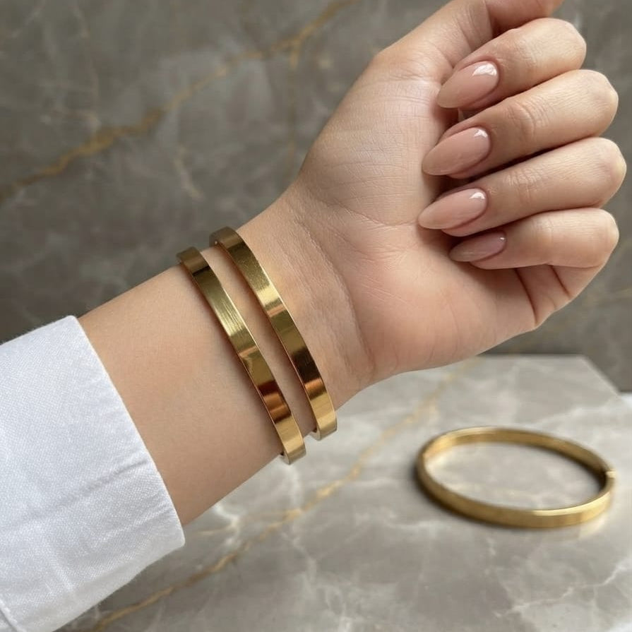 Classic Gold Stainless Steel Bangle Set for Women – Minimalist Luxury Hand Cuff Pair (2 Pieces)
