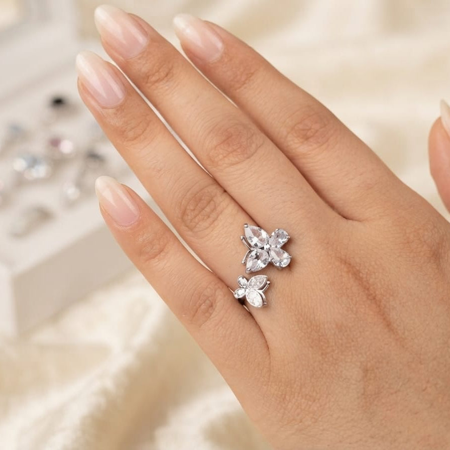 Elegant Crystal Flower Ring for Women – Pink & Silver Floral Statement Ring