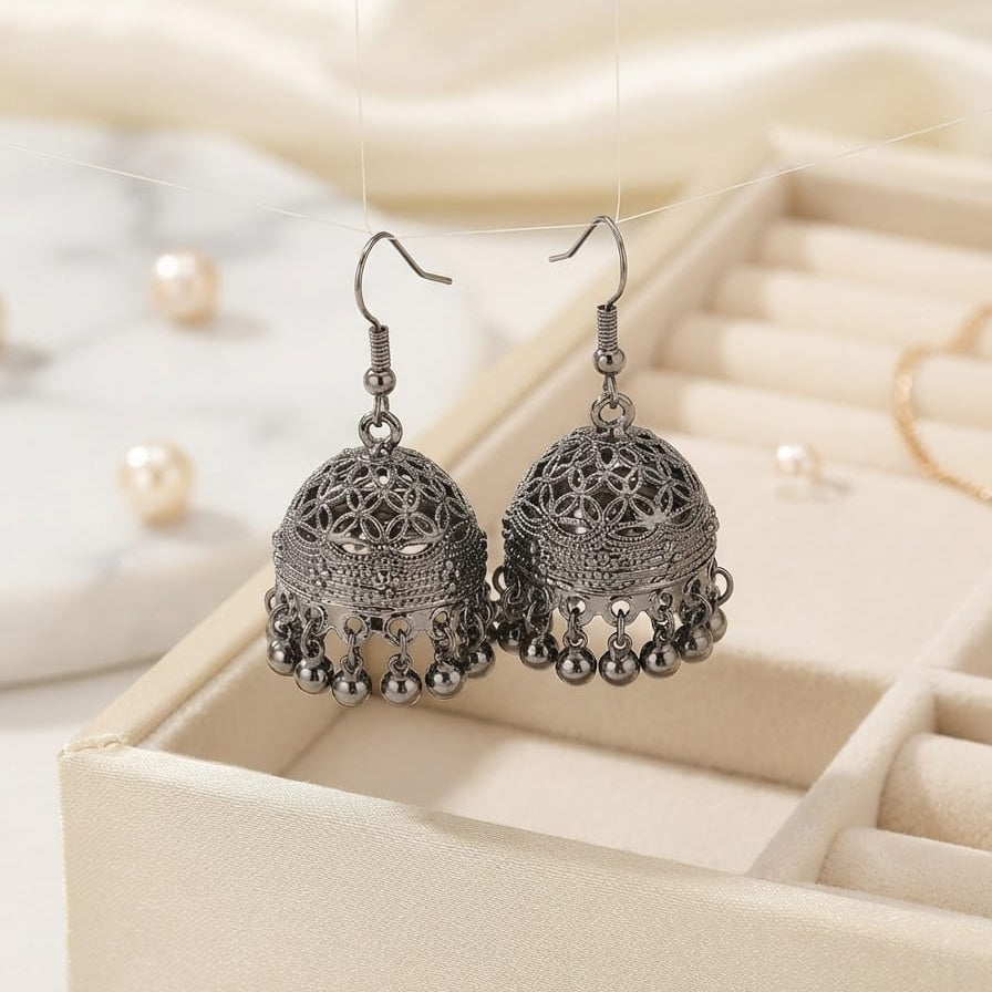 Traditional Oxidized Indian Jhumka Earrings – Ethnic Boho Dangling Earrings (3 Colors)