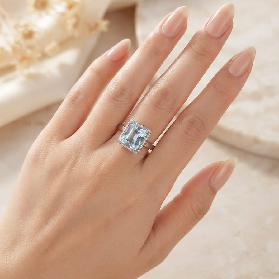 Elegant Sky Blue Emerald-Cut Crystal Ring for Women