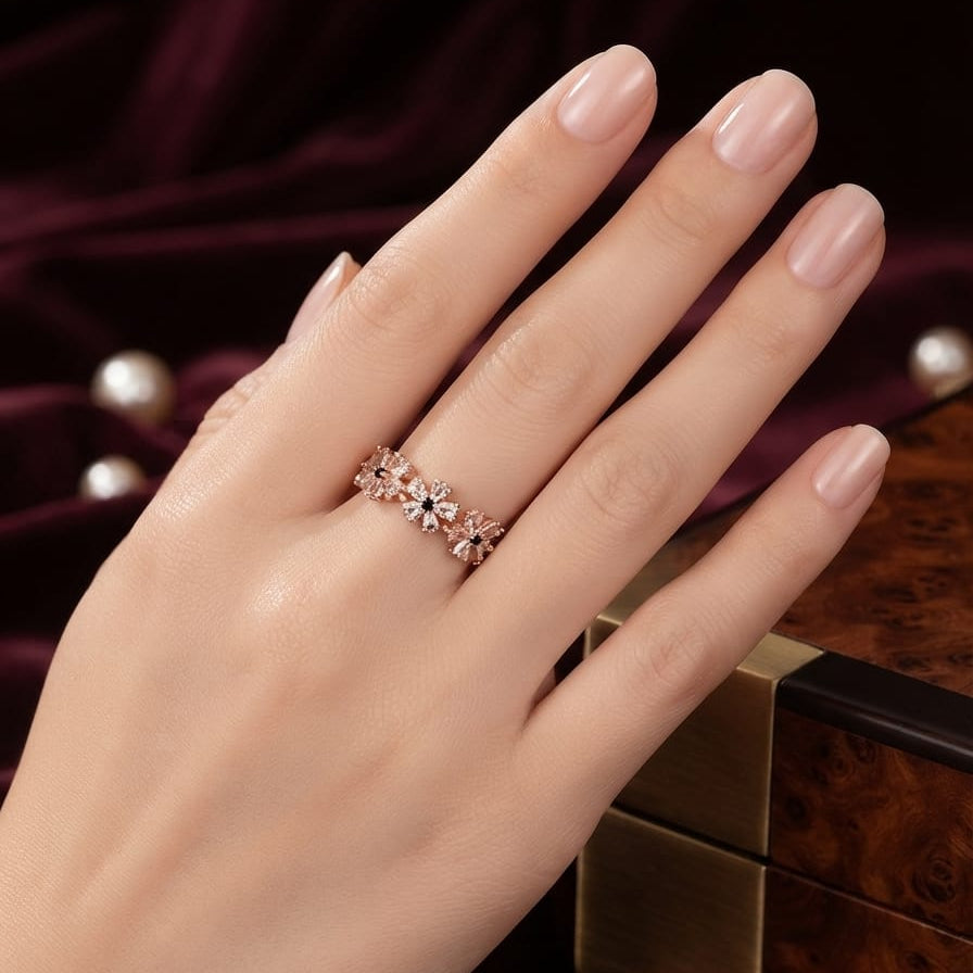 Rose Gold Floral Crystal Ring – Elegant Daisy Adjustable Ring for Women