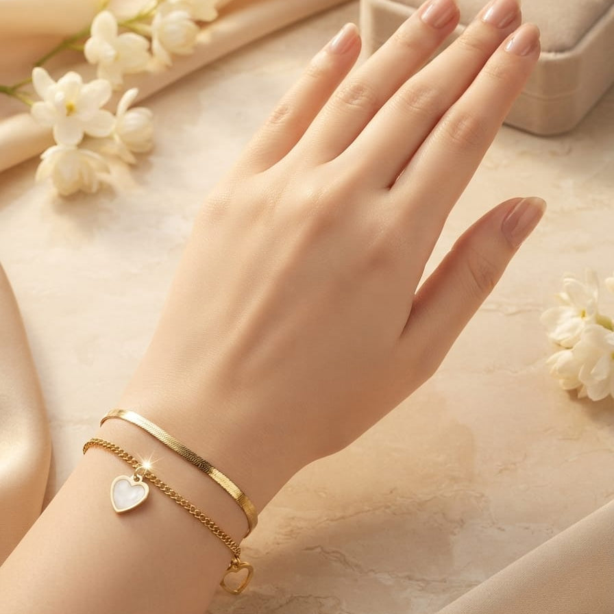 Elegant Double Layer Heart Charm Bracelet for Women – Gold Plated Adjustable Bracelet