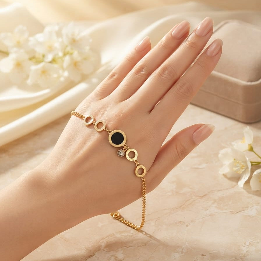 Luxury Black Circle Charm Bracelet for Women – Gold Plated Adjustable Chain Bracelet