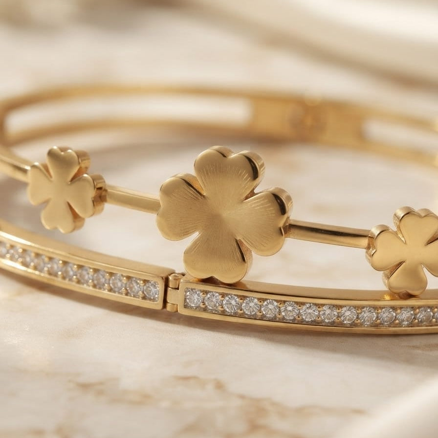 Luxury Square Clover Anti-Tarnish Hand Cuff for Women – Gold Plated Stainless Steel Bangle