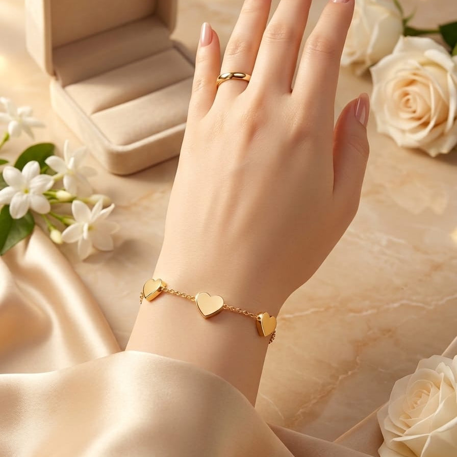 Elegant Five Heart Charm Bracelet for Women – Gold Plated Adjustable Chain Bracelet
