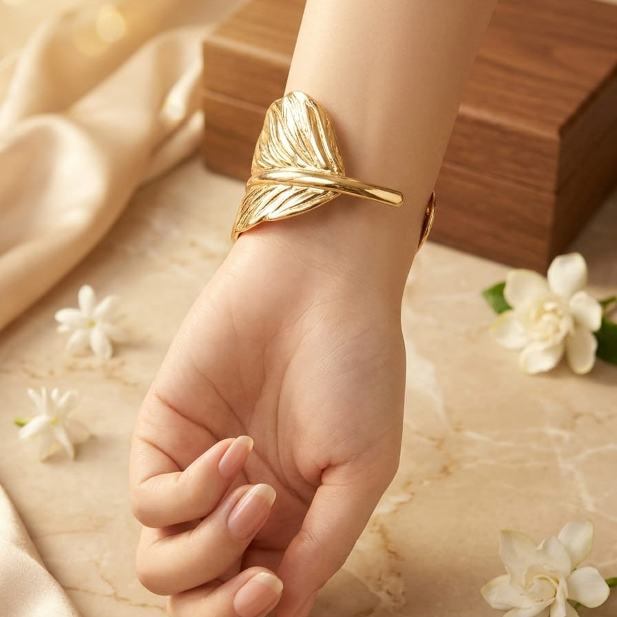 Luxury Gold Leaf Cuff Bracelet for Women | Premium Stainless Steel Anti-Tarnish Statement Bangle