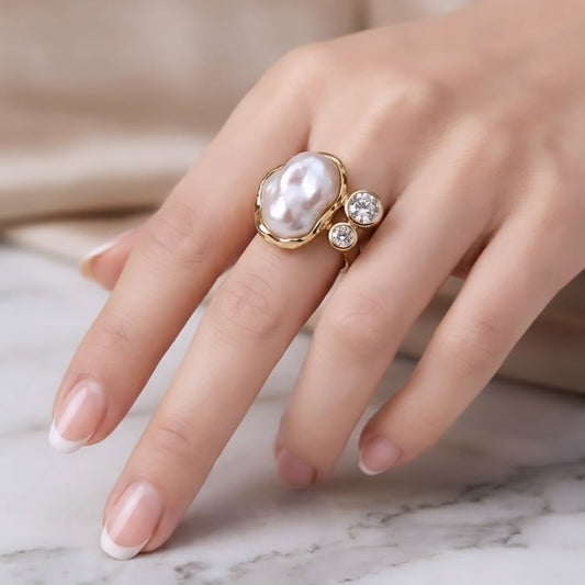 Luxury Baroque Pearl Adjustable Gold Ring for Women