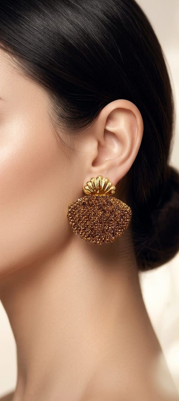 Elegant Gold and Brown Crystal Shell Statement Earrings