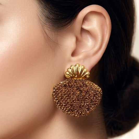 Elegant Gold and Brown Crystal Shell Statement Earrings
