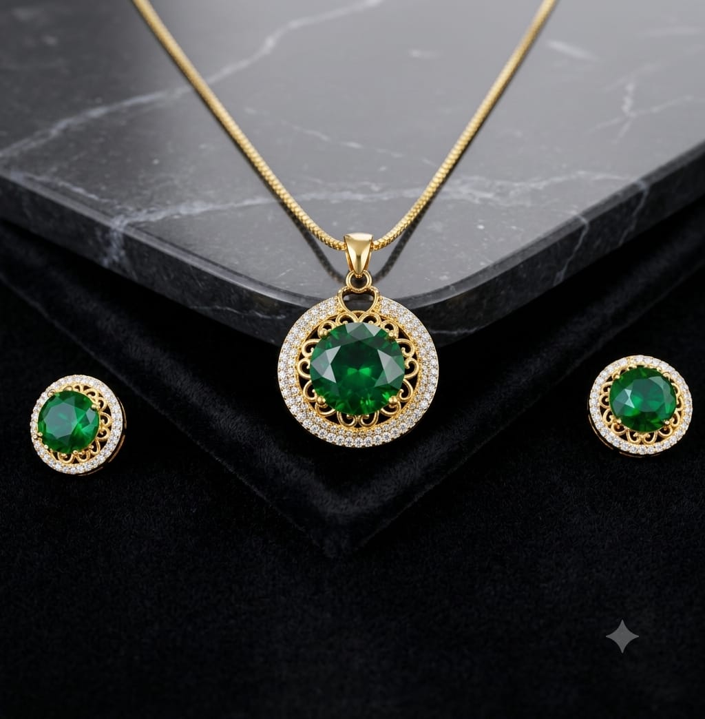 Emerald Green Crystal Pendant Necklace & Stud Earrings Set