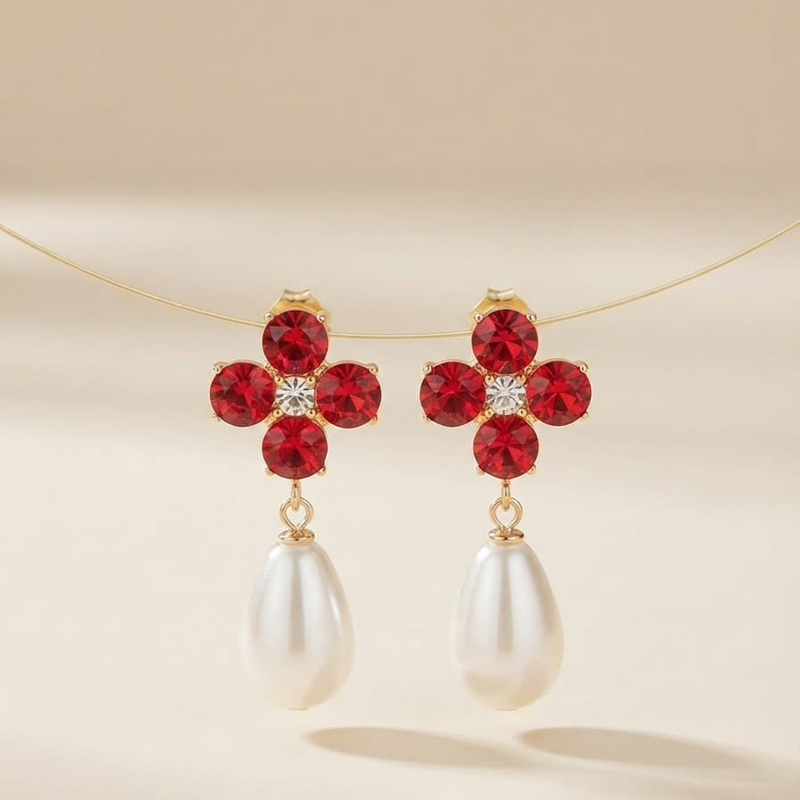 Ruby Bloom Pearl Drop Earrings