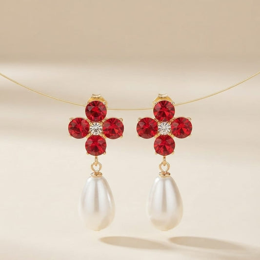 Ruby Bloom Pearl Drop Earrings