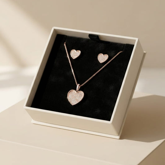 Elegant Heart Crystal Pendant Necklace & Stud Earrings Set – Rose Gold