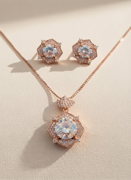 Luxury Crystal Floral Pendant Necklace & Stud Earrings Set – Rose Gold