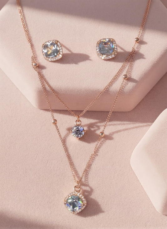 Luxury Double Layer Crystal Pendant Necklace & Stud Earrings Set – Rose Gold