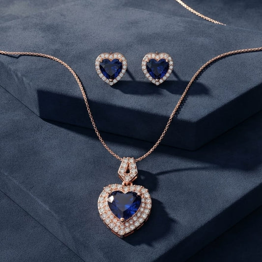 Royal Blue Heart Crystal Pendant Necklace & Stud Earrings Set – Rose Gold