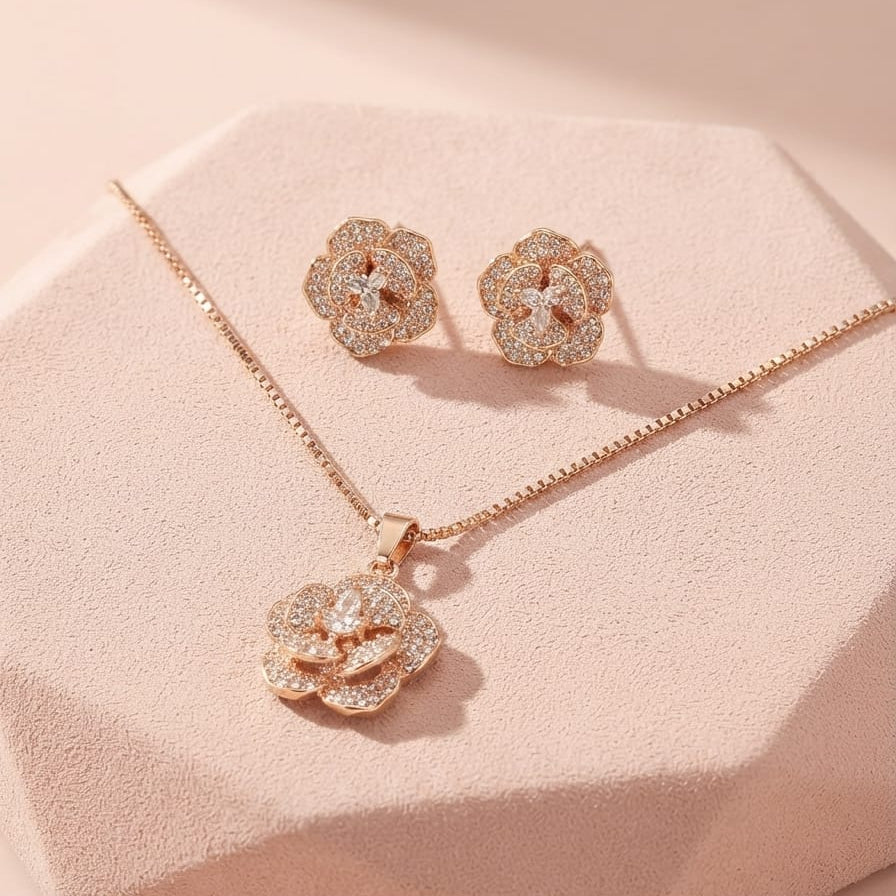 Luxury Floral Crystal Pendant Necklace & Stud Earrings Set – Rose Gold (2 Colors Available)