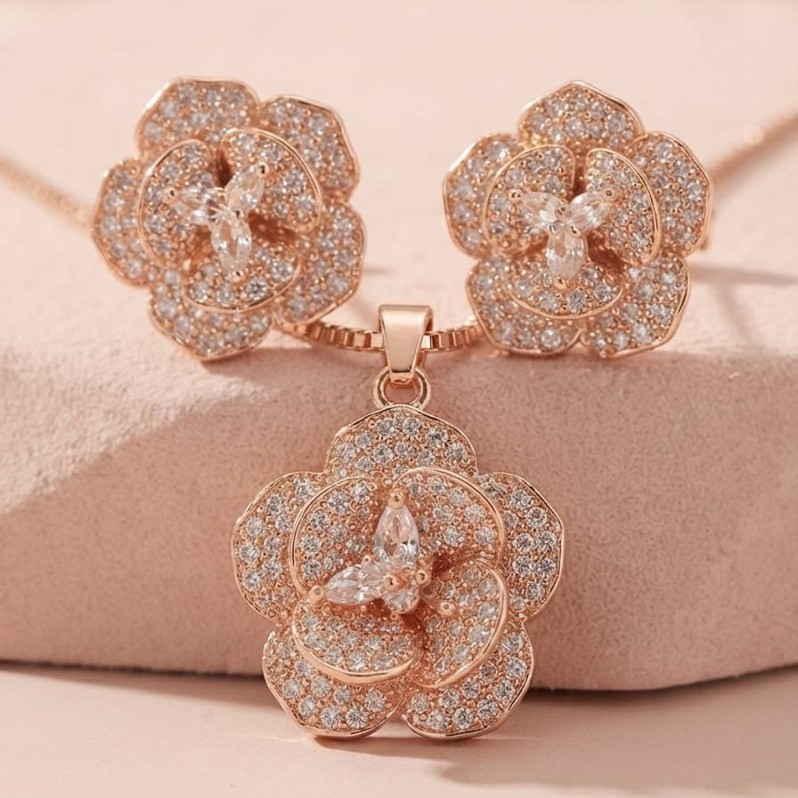 Luxury Floral Crystal Pendant Necklace & Stud Earrings Set – Rose Gold (2 Colors Available)