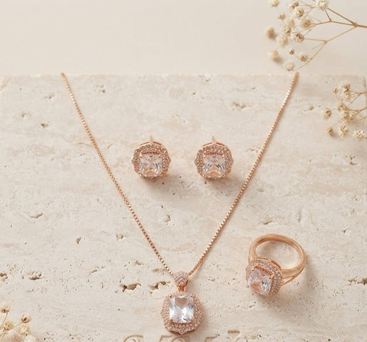 Luxury Crystal Pendant Necklace, Earrings & Ring Set – Rose Gold