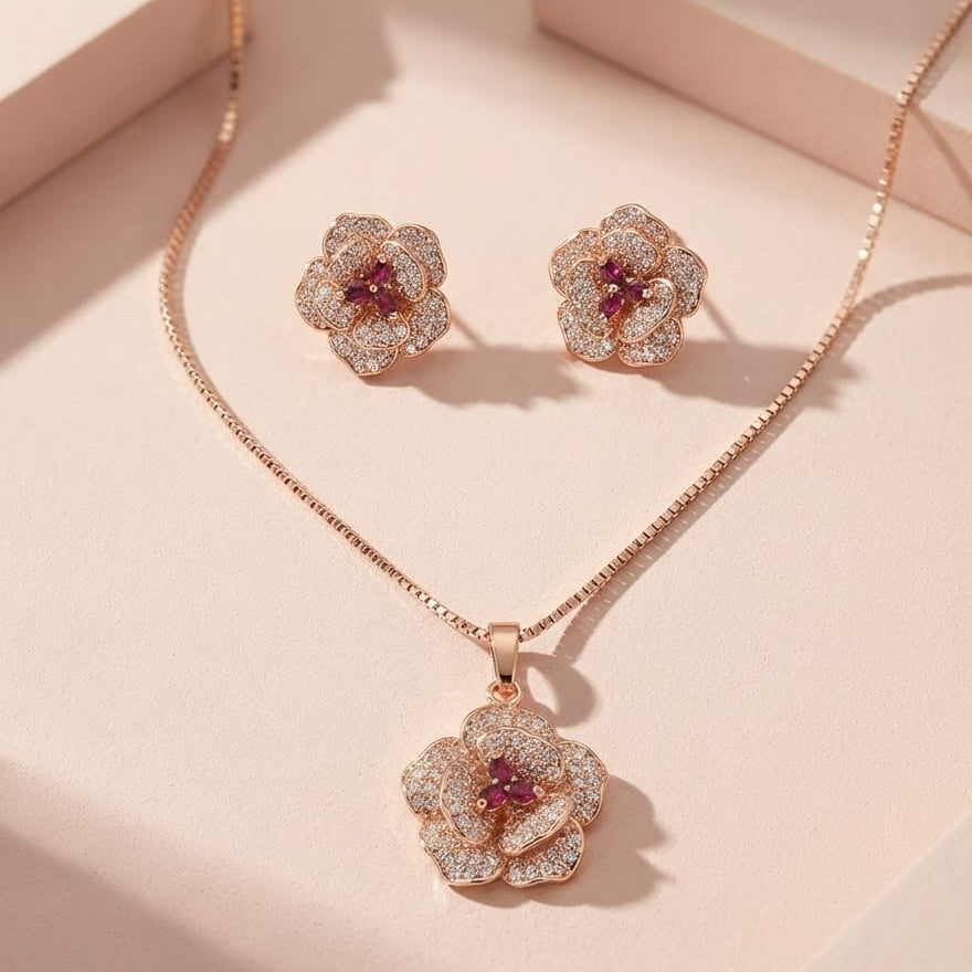 Luxury Floral Crystal Pendant Necklace & Stud Earrings Set – Rose Gold (2 Colors Available)