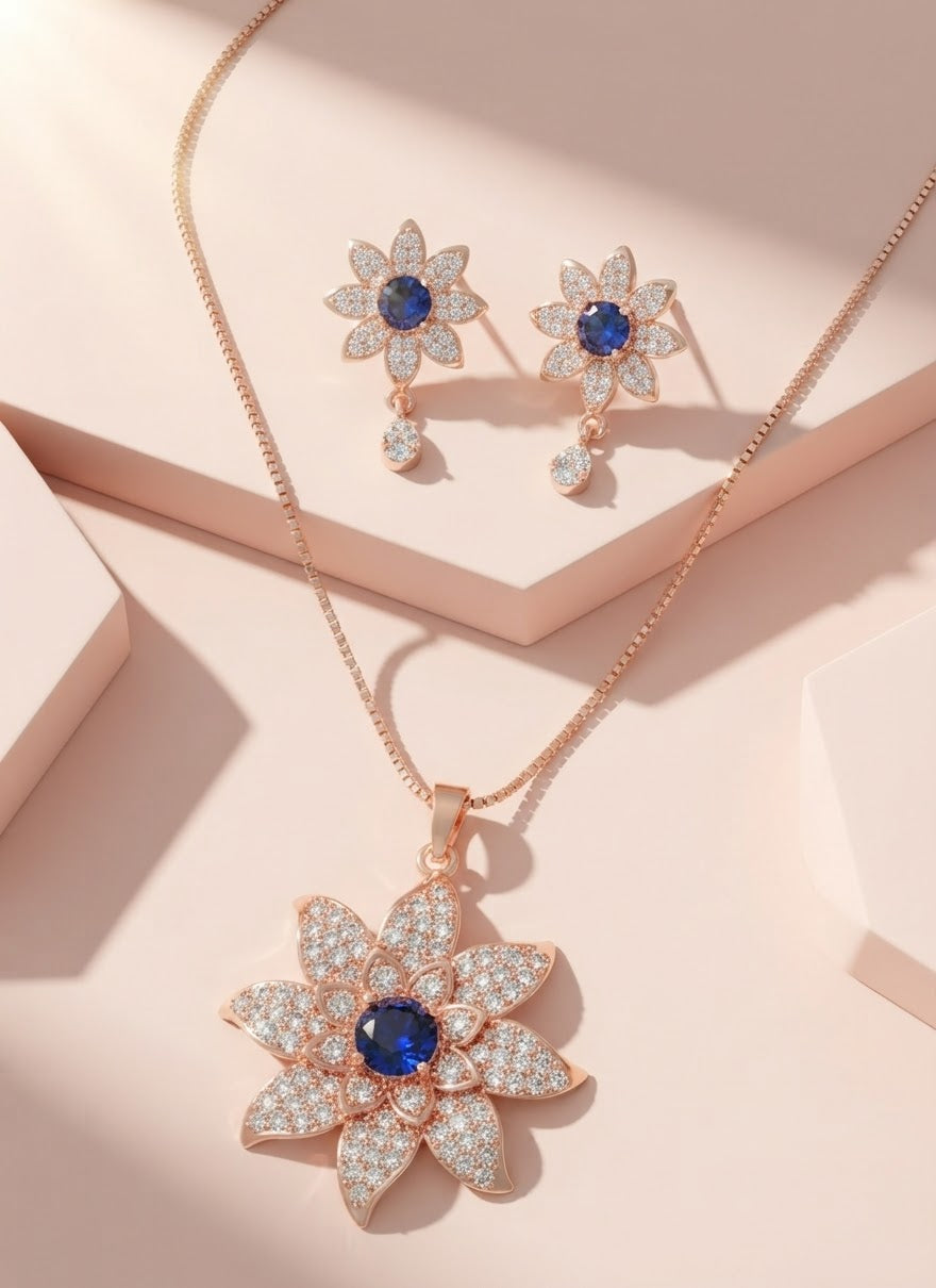 Luxury Floral Crystal Pendant Necklace & Earrings Set
