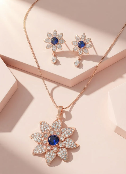Luxury Floral Crystal Pendant Necklace & Earrings Set