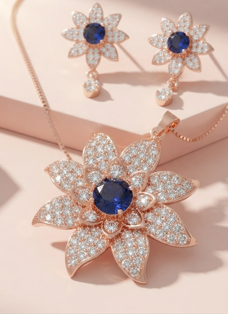 Luxury Floral Crystal Pendant Necklace & Earrings Set