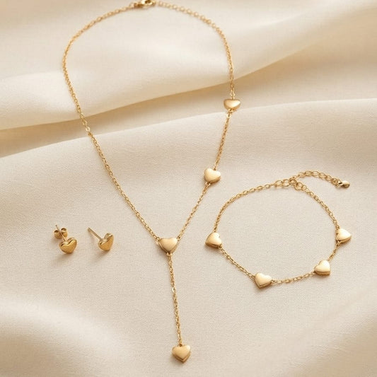 Golden Heart Charm Jewelry Set – Necklace, Bracelet & Earrings Set