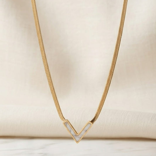Minimalist V Shape Pendant Necklace – Gold & White Geometric Necklace