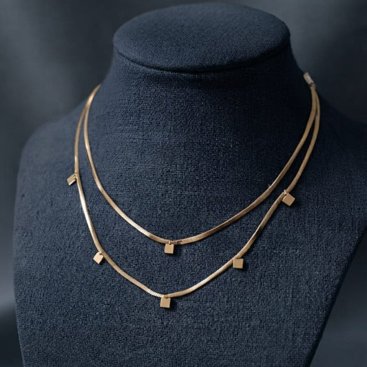 Layered Gold Snake Chain Necklace – Minimalist Geometric Pendant Necklace