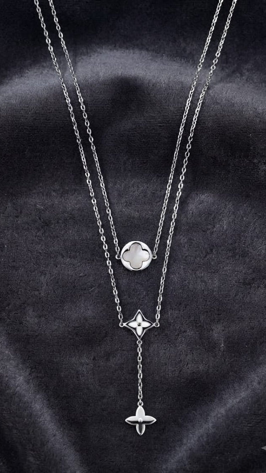 Silver Double Layer Clover Pendant Necklace – Elegant Floral Charm Necklace