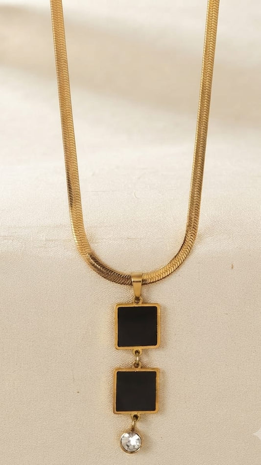 Black Geometric Pendant Necklace – Gold Square Charm Statement Necklace