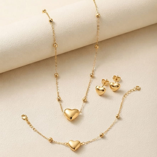 Golden Heart Jewelry Set – Necklace, Bracelet & Stud Earrings