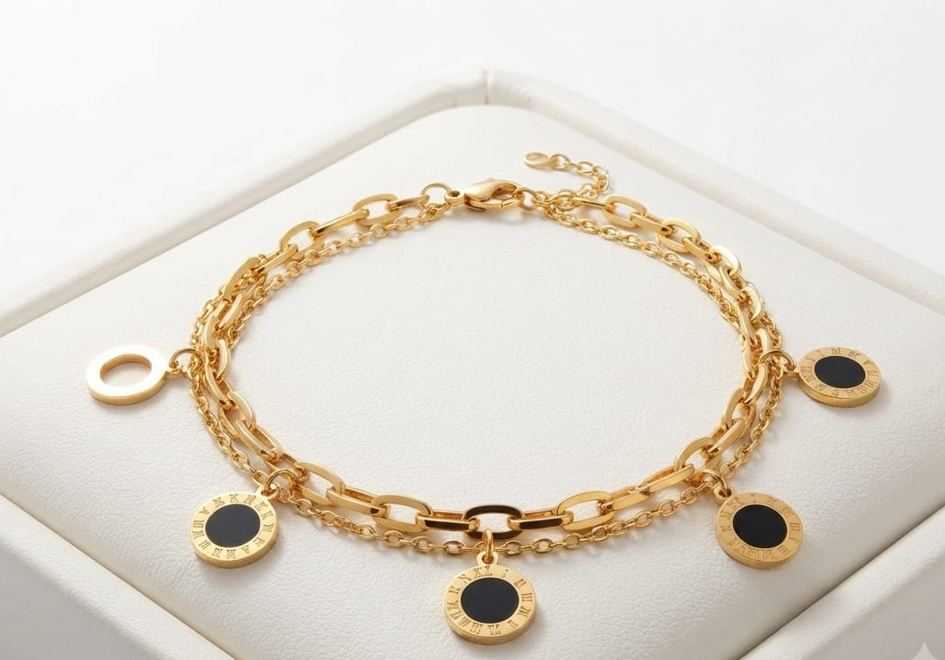 Luxury Double Chain Roman Charm Bracelet for Women – Gold & Black Elegant Jewelry