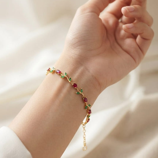 Tulip Bracelet Red & Green Stone  – Gold Finish | Anti-Tarnish
