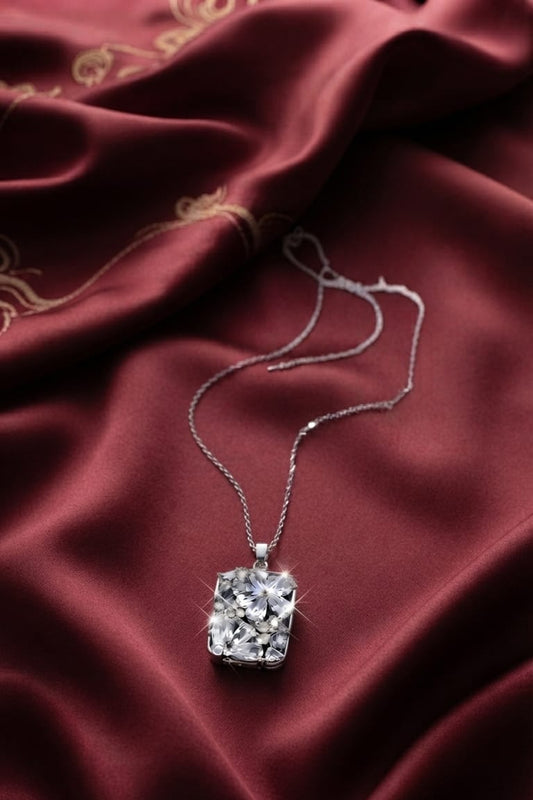 Silver Crystal Floral Pendant Necklace for Women