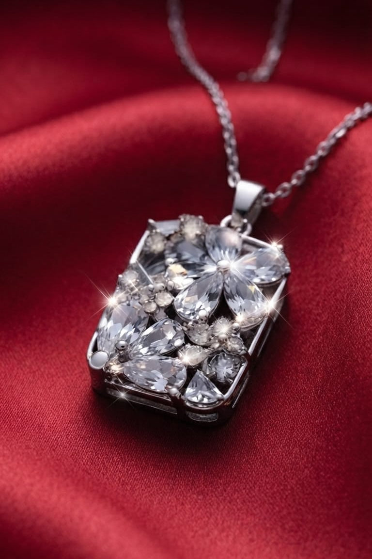Silver Crystal Floral Pendant Necklace for Women