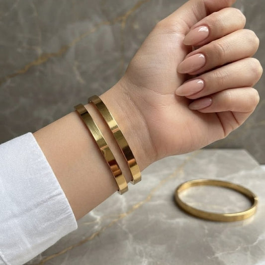 Classic Gold Stainless Steel Bangle Set for Women – Minimalist Luxury Hand Cuff Pair (2 Pieces)