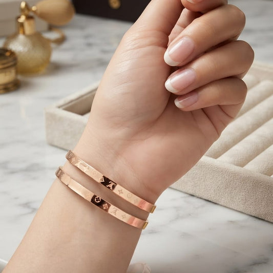 Luxury Rose Gold Stainless Steel Bangle Set for Women – Designer Hand Cuff Pair (2 Pieces)