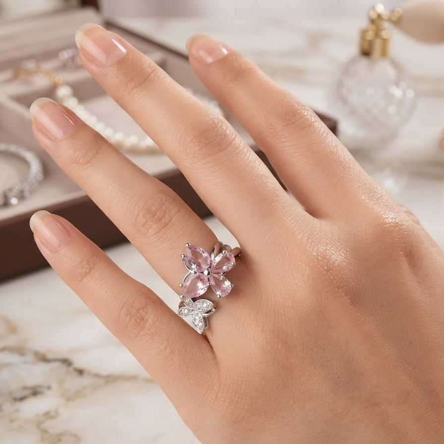 Elegant Crystal Flower Ring for Women – Pink & Silver Floral Statement Ring