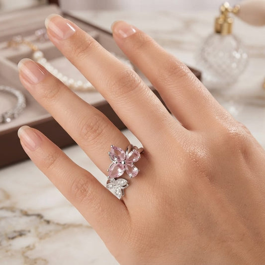 Elegant Crystal Flower Ring for Women – Pink & Silver Floral Statement Ring
