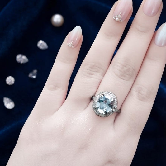 Luxury Ice Blue Crystal Halo Ring for Women