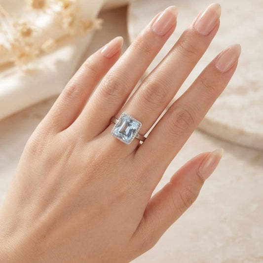 Elegant Sky Blue Emerald-Cut Crystal Ring for Women