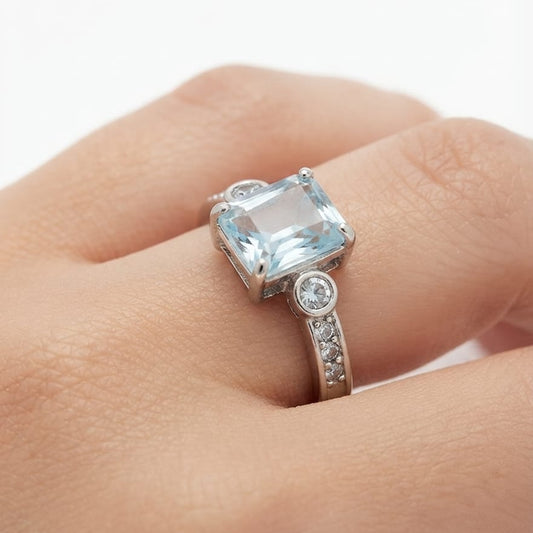 Elegant Sky Blue Square Crystal Ring for Women – Silver Statement Ring