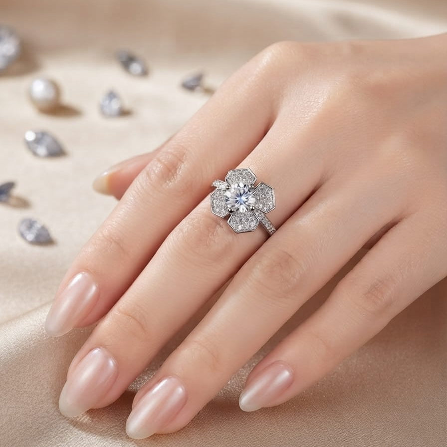 Luxury Crystal Flower Ring for Women – Elegant Silver Blossom Statement Ring